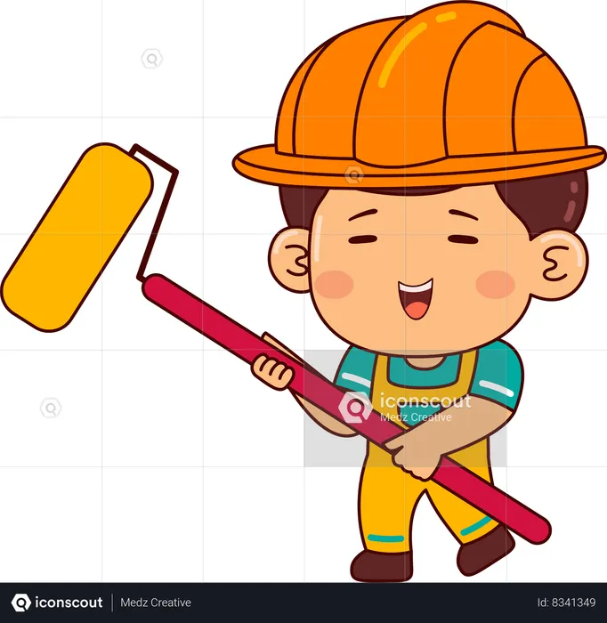 Cute builder boy with color roller  Illustration