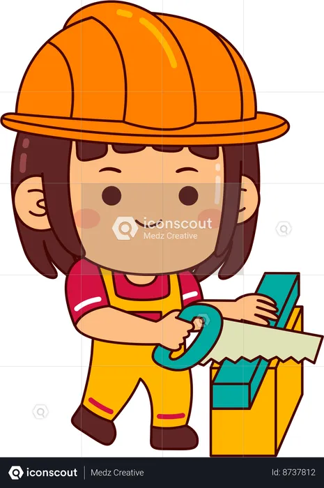 Cute builder girl cutting wood  Illustration