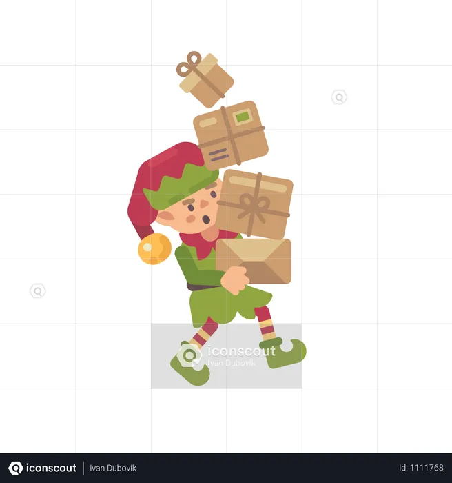 Cute Busy Christmas Elf Carrying Parcels With Presents For Kids  Illustration