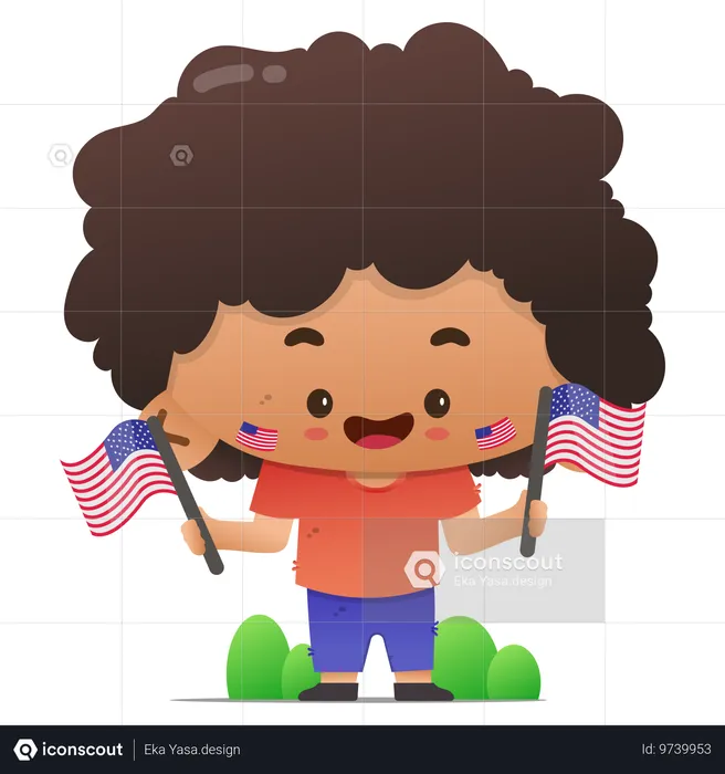 두 개의 미국 국기를 들고 있는 귀여운 캐릭터  일러스트레이션