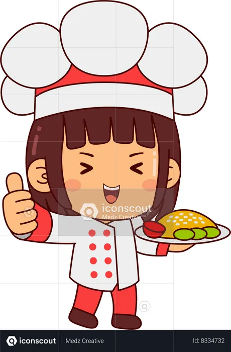Cute Chef Girl Boy Holding Food Plate While Showing Thumbs Up  Illustration