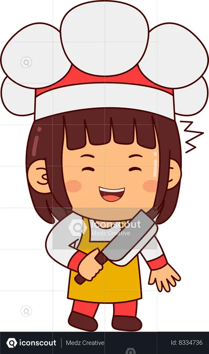Cute Chef Girl Holding Butcher Knife  Illustration