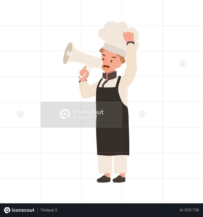 Cute Child Cook in Chef Uniform Making Announcement with Megaphone  Illustration