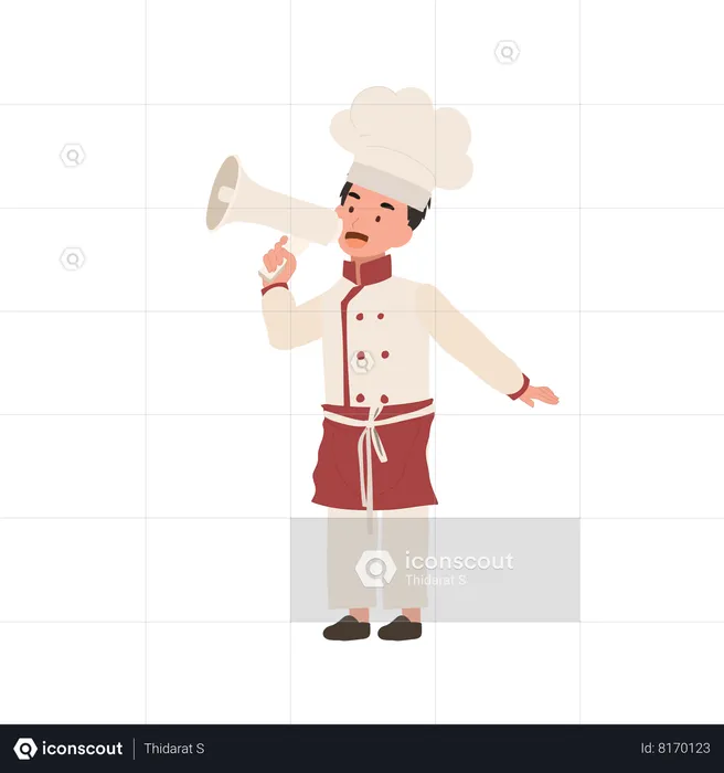 Cute child cook in chef uniform making announcement with Megaphone  Illustration