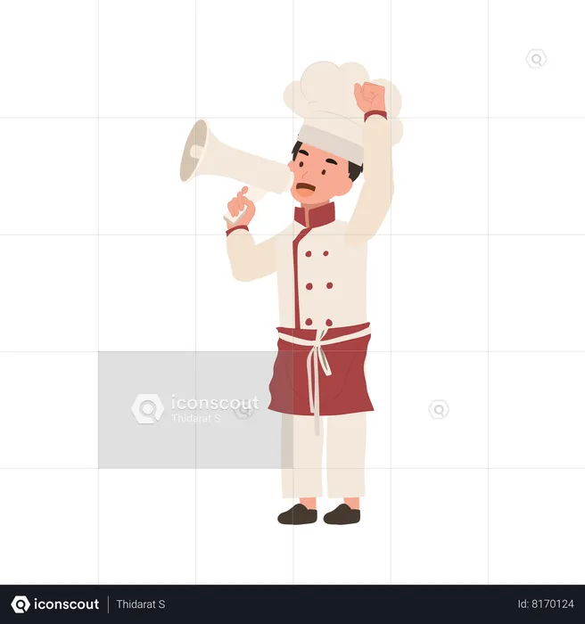 Cute child cook in chef uniform making announcement with megaphone  Illustration