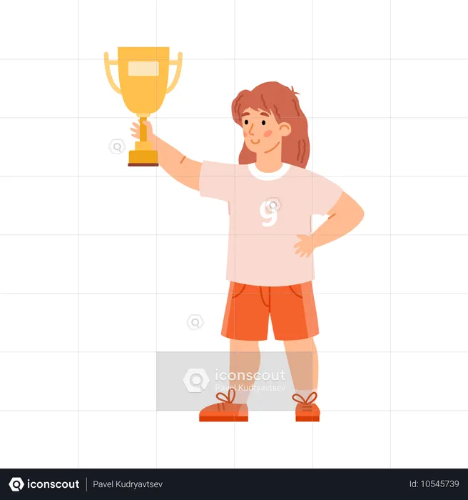 Cute child girl holding gold trophy prize  Illustration