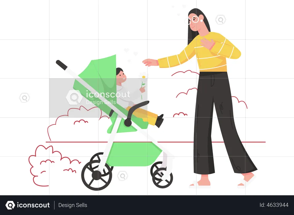 Cute child sitting in stroller gives flower to happy mom  Illustration