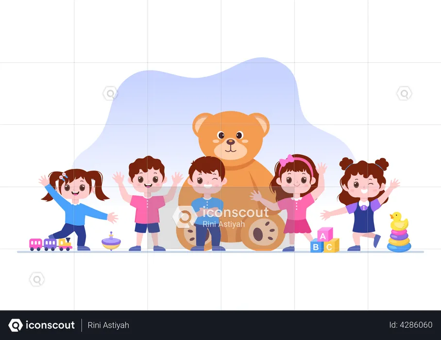 Cute Children Playing with Toy  Illustration