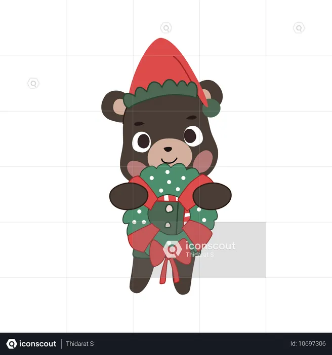 Cute christmas bear holding a wreath in winter theme for festive decoration  Illustration