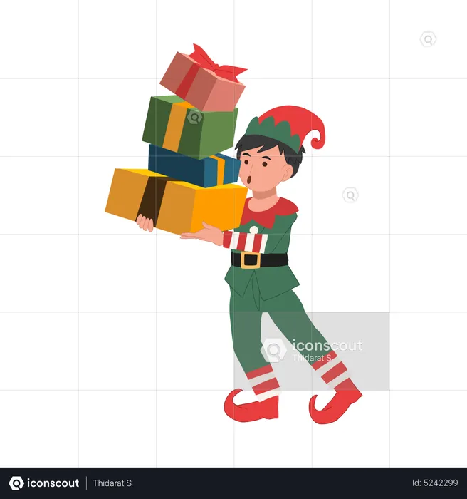 Cute christmas elf boy with a lot of present boxes  Illustration