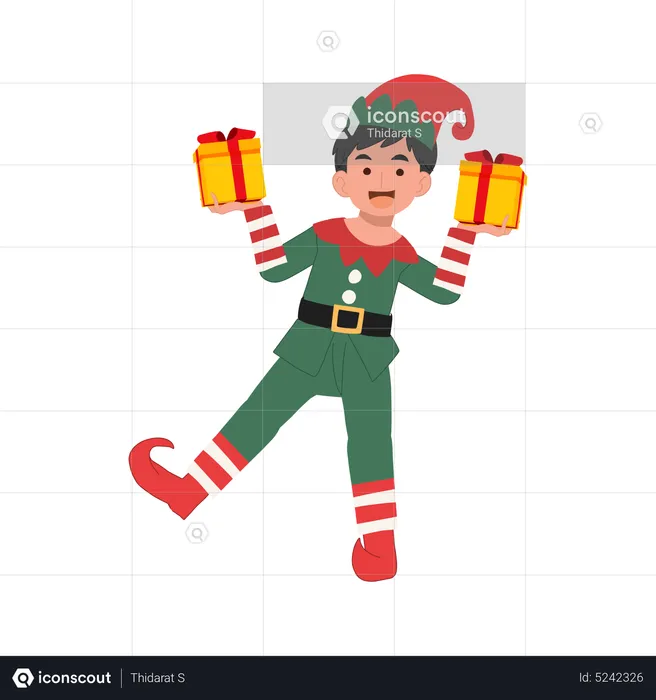 Cute christmas elf boy with present box  Illustration