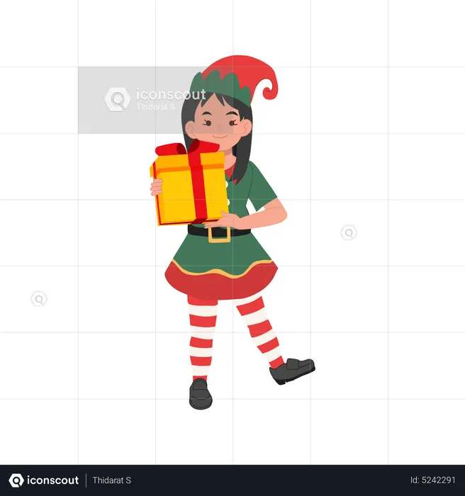 Cute christmas elf girl with present box  Illustration
