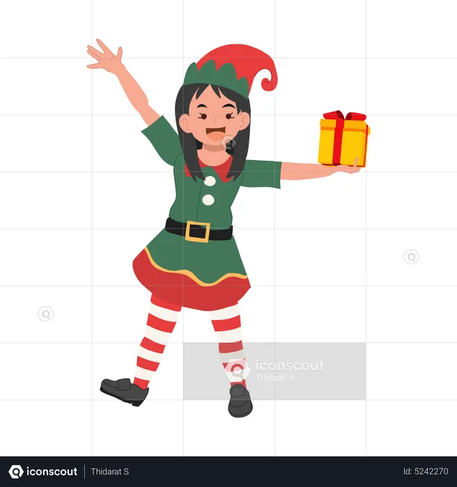 Cute  christmas elf girl with present box  Illustration