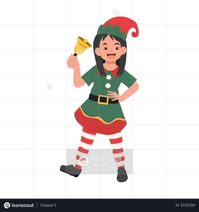 Cute christmas elf kid is ringing the bell  Illustration