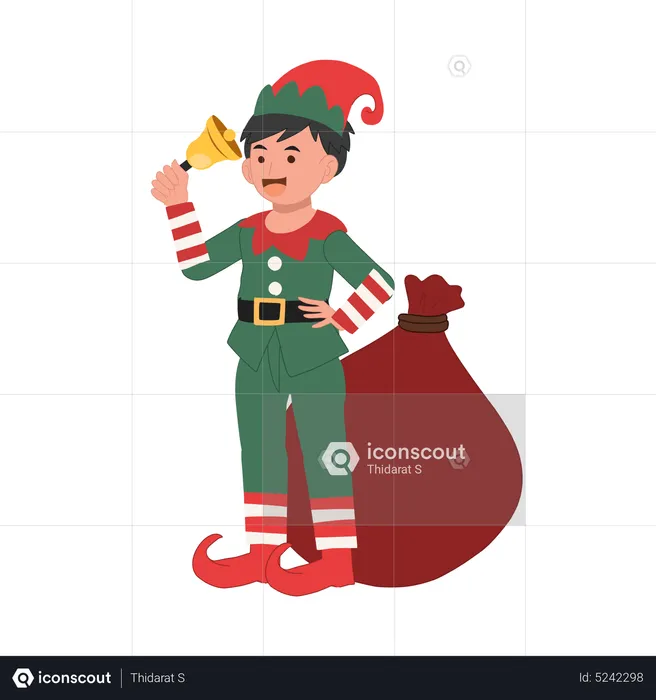 Cute christmas elf kid is ringing the bell  Illustration