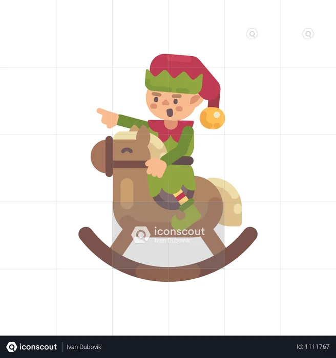 Cute Christmas Elf Riding A Rocking Horse  Illustration