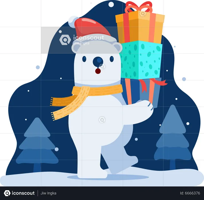 Cute Christmas Polar Bear with Gifts Box  Illustration