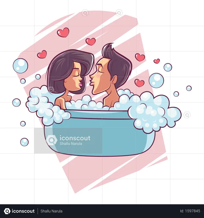 Cute couple bathing in bathtub  Illustration