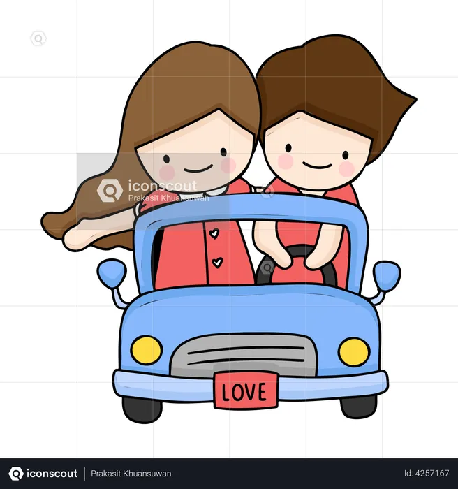 Cute Couple Driving Car  Illustration