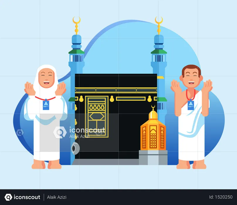 Cute couple  muslim pilgrims in front of  Kaaba and maqam Ibrahim. Suitable for info graphic.  Illustration