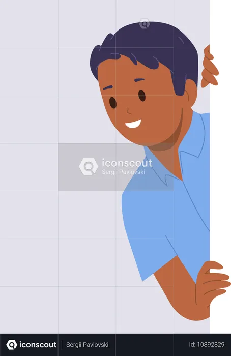 Cute curious preteen schoolboy child peeking out window or hole in wall  Illustration