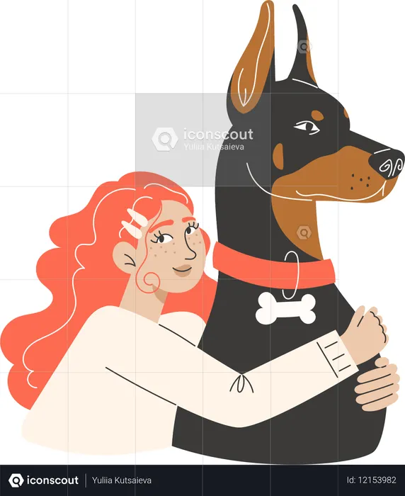 Cute curly red-haired girl hugs a big Doberman dog  Illustration