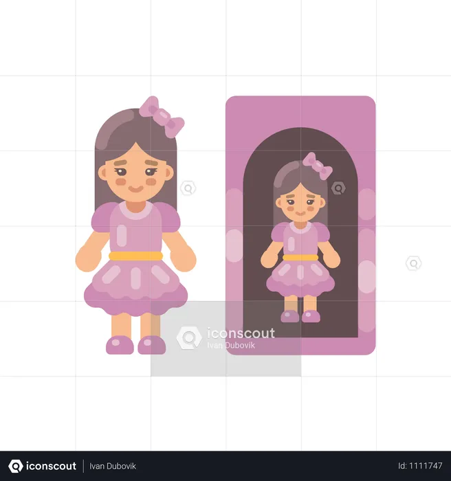 상자에 핑크색 드레스를 입은 귀여운 인형  일러스트레이션