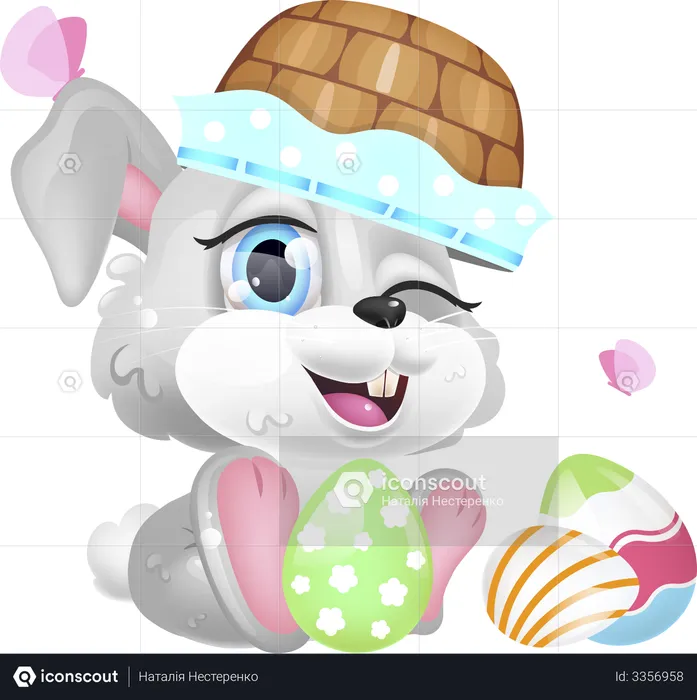 Cute Easter rabbit with basket on head  Illustration