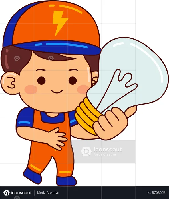 Cute electrician boy holding bulb  Illustration