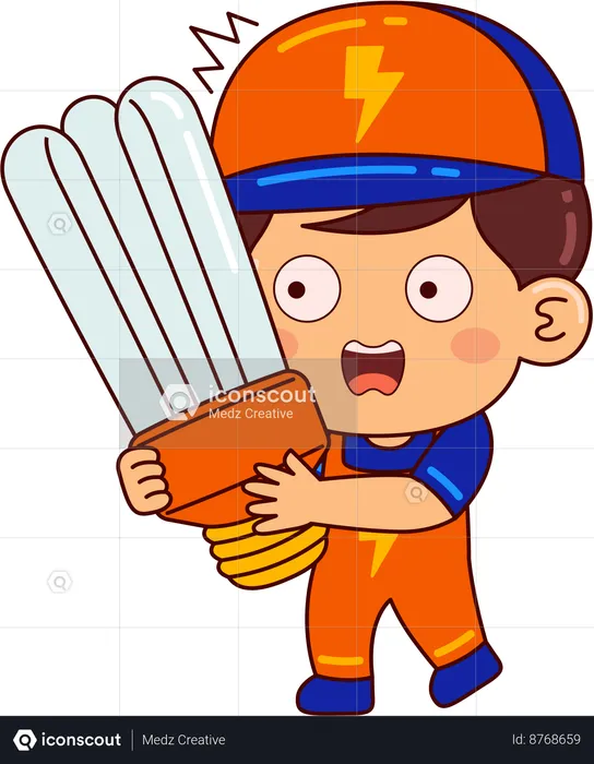 Cute electrician boy holding led bulb  Illustration