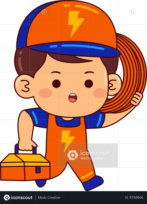 Cute electrician boy holding wire bundle and toolbox  Illustration