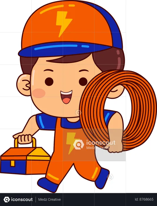 Cute electrician boy holding wire bundle and toolbox  Illustration