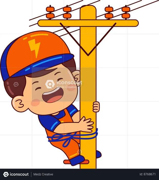 Cute electrician boy on electric pole  Illustration