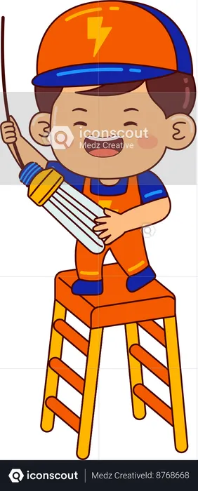 Cute electrician boy repairing led light  Illustration