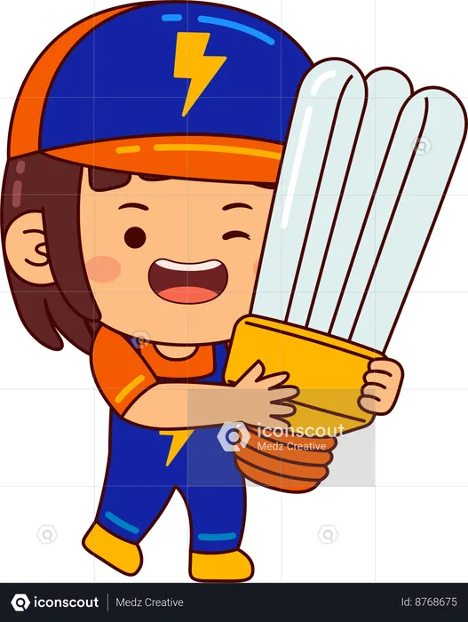 Cute electrician girl holding led bulb  Illustration