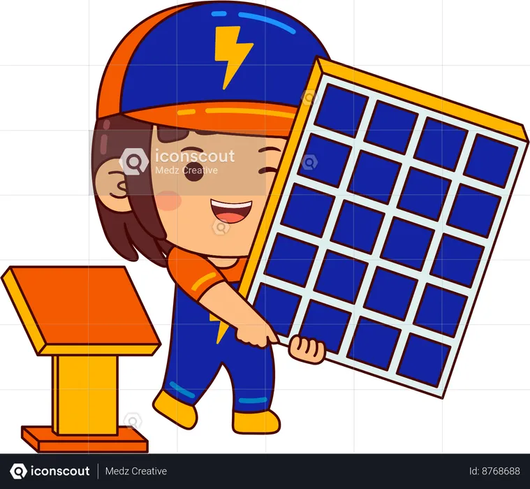 Cute electrician girl holding solar panel  Illustration
