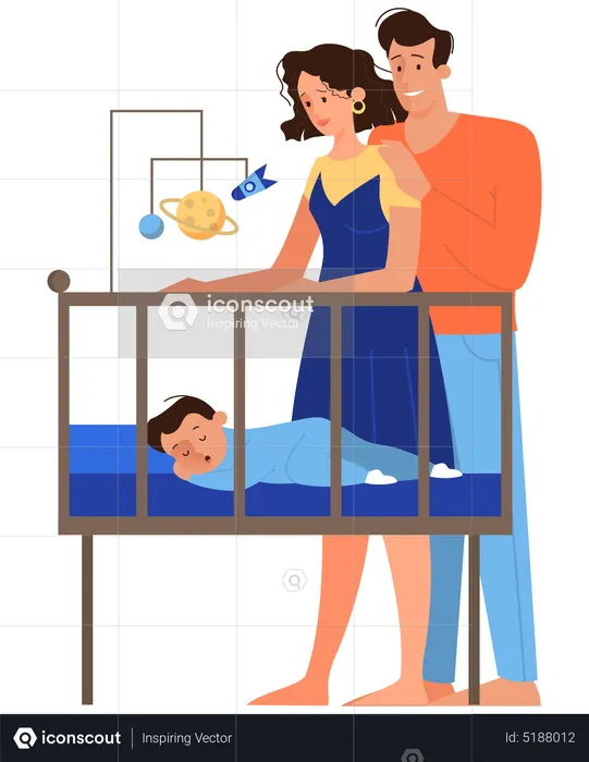 Cute family stand by newborn baby bed  Illustration