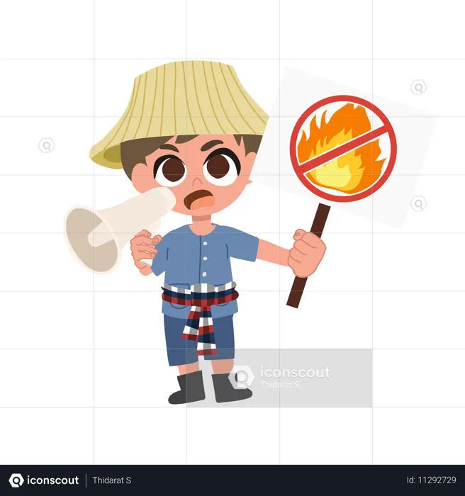 Cute Farmer With Megaphone Raising Awareness For No Burning Campaign In Farmland  Illustration