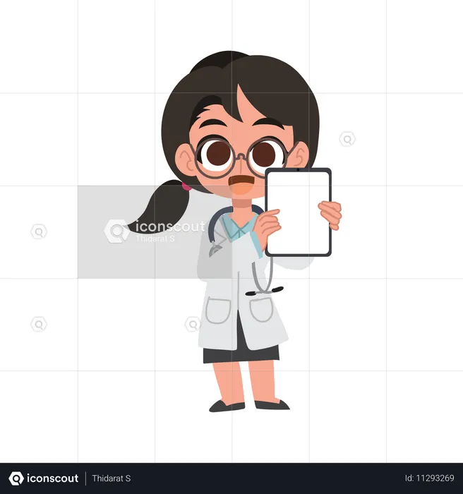 Cute female cartoon doctor holding  tablet with medical results  Illustration