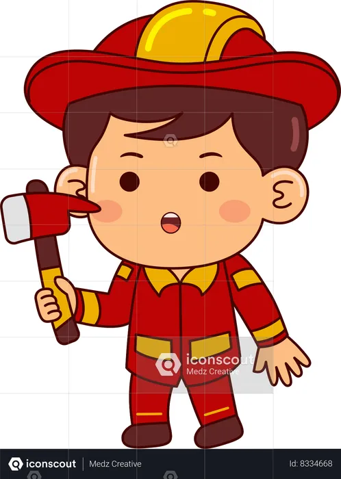 Cute Firefighter Boy Holding Axe  Illustration