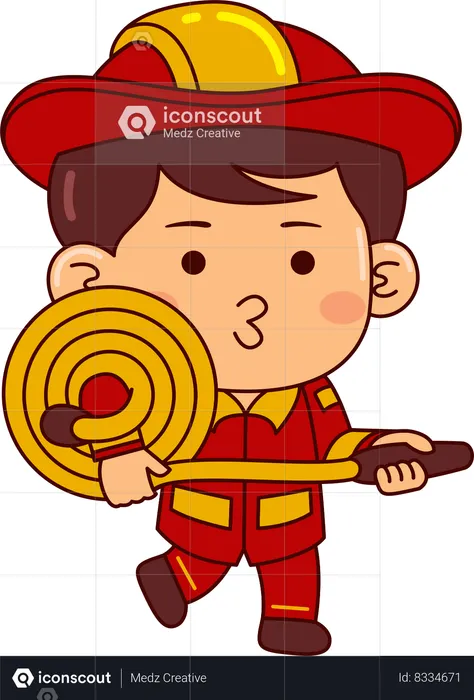 Cute Firefighter Boy Holding Fire Hose  Illustration