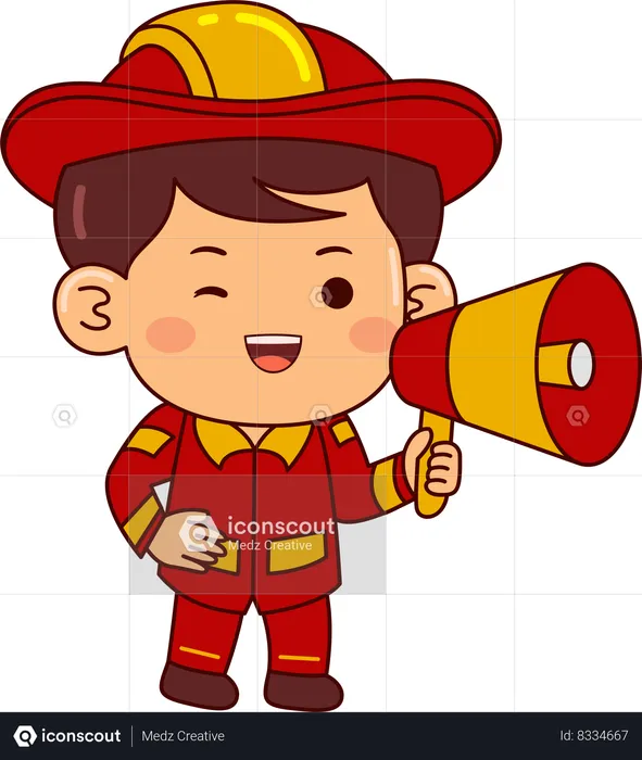 Cute Firefighter Boy Holding Megaphone  Illustration