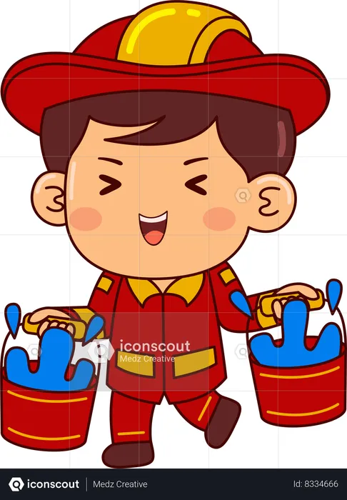 Cute Firefighter Boy Holding Water Buckets  Illustration