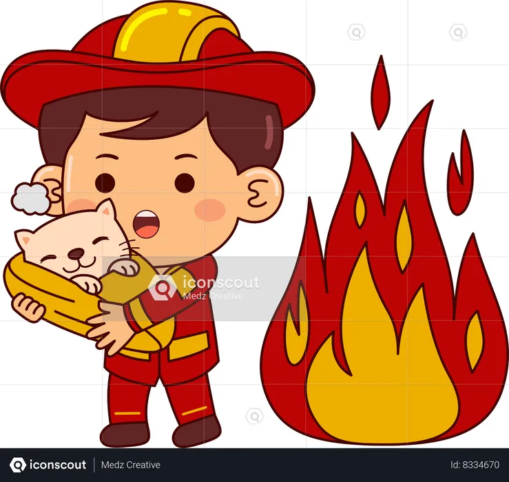 Cute Firefighter Boy Rescue Animal From Fire  Illustration