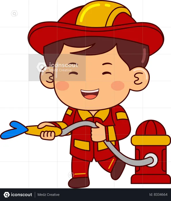 Cute Firefighter Boy With Fire Hose  Illustration