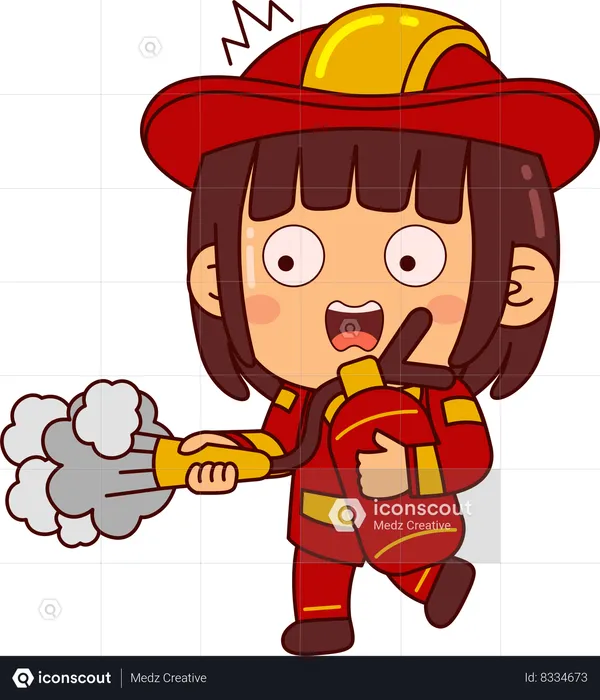 Cute Firefighter Girl Holding Fire Extinguisher  Illustration