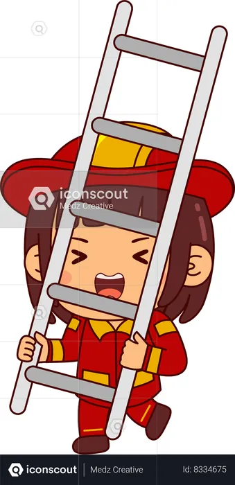 Cute Firefighter Girl Holding Ladder Staircase  Illustration