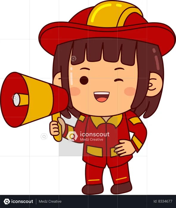Cute Firefighter Girl Holding Megaphone  Illustration