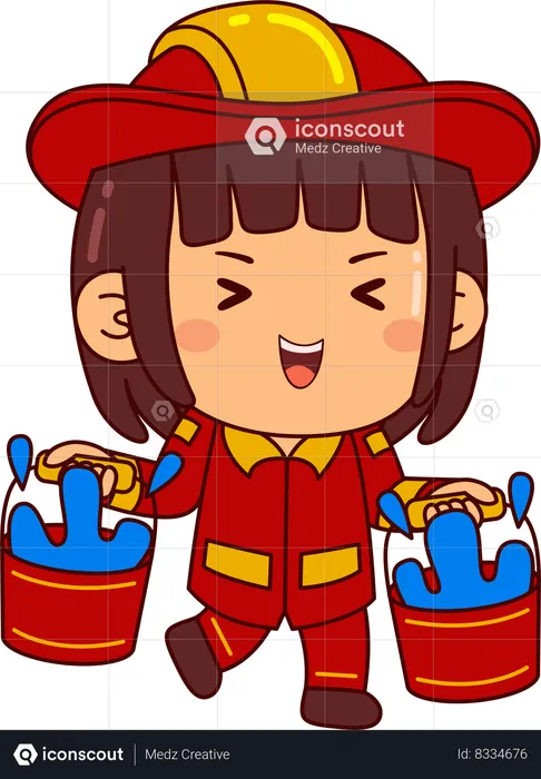 Cute Firefighter Girl Holding Water Buckets  Illustration