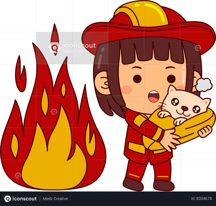 Cute Firefighter Girl Rescue Animal From Fire  Illustration
